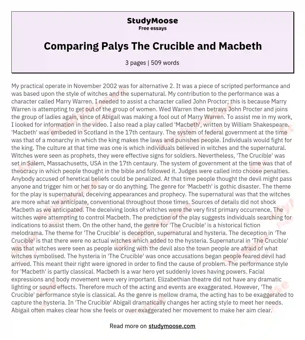 Comparing Palys The Crucible and Macbeth essay