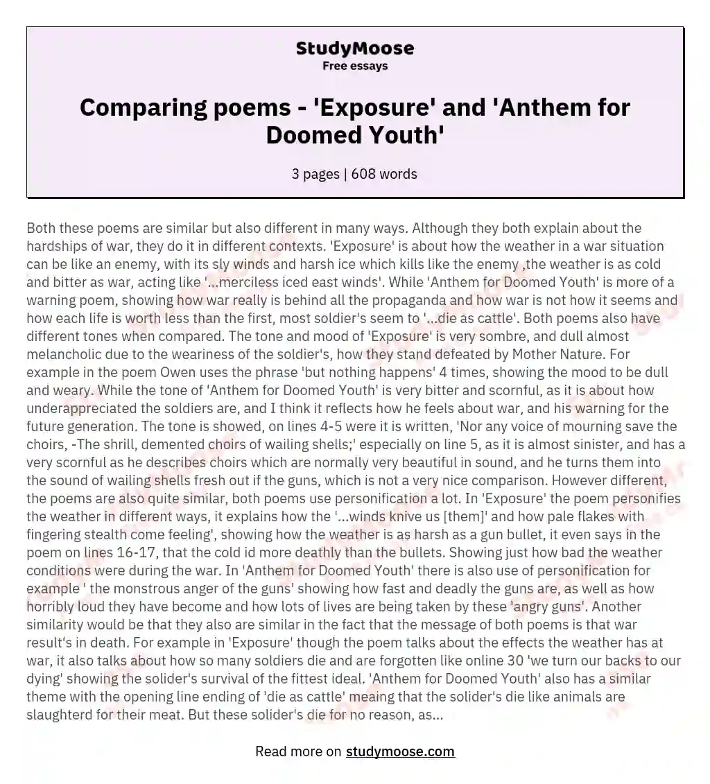 Comparing poems - 'Exposure' and 'Anthem for Doomed Youth' essay
