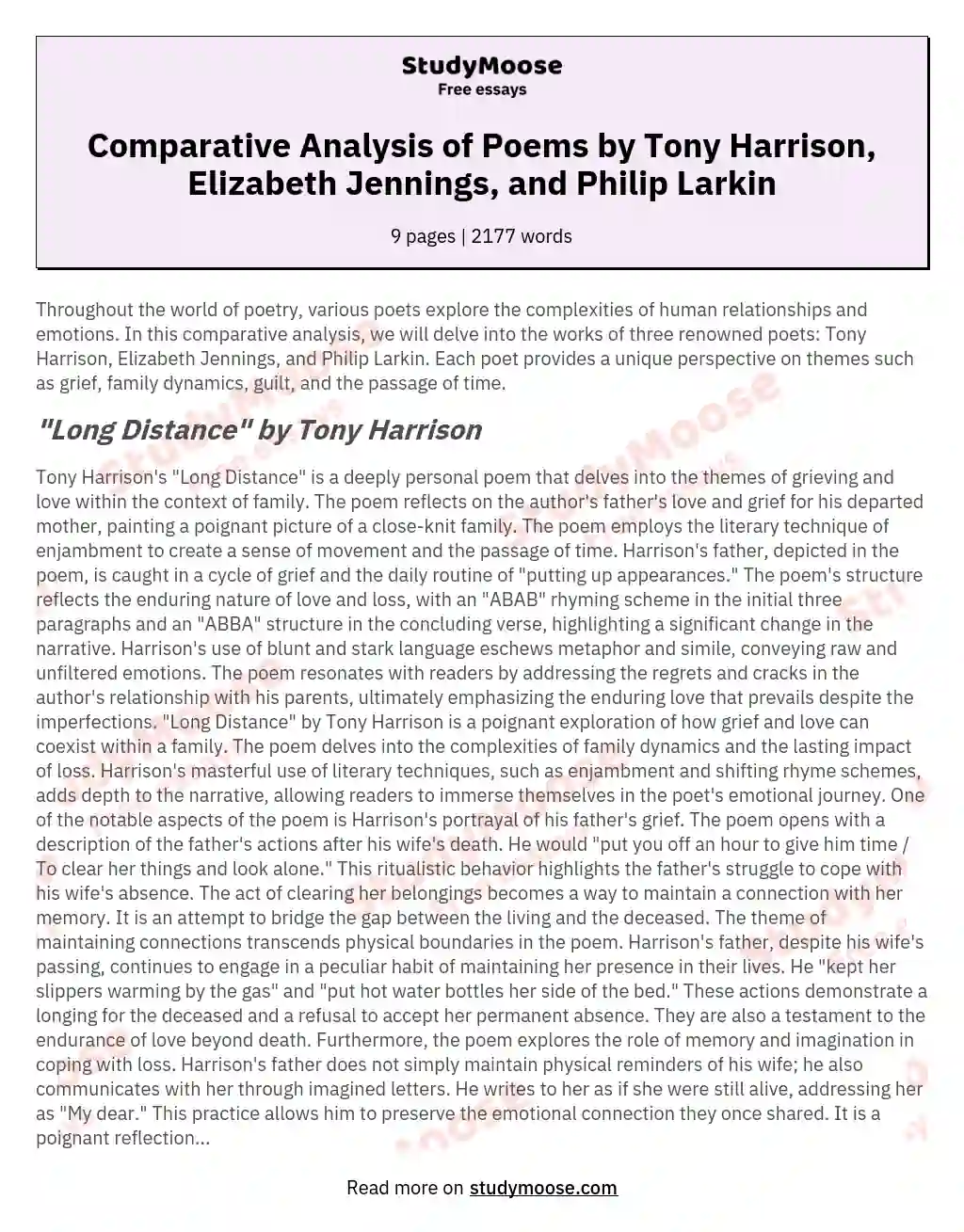 Comparative Analysis of Poems by Tony Harrison, Elizabeth Jennings, and Philip Larkin essay
