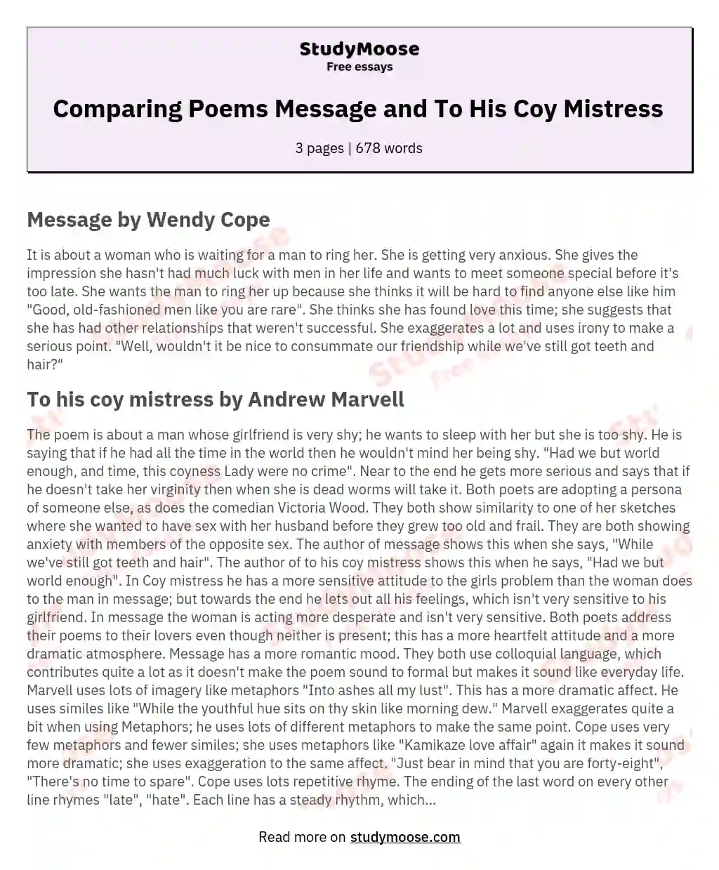 Comparing Poems Message and To His Coy Mistress  essay