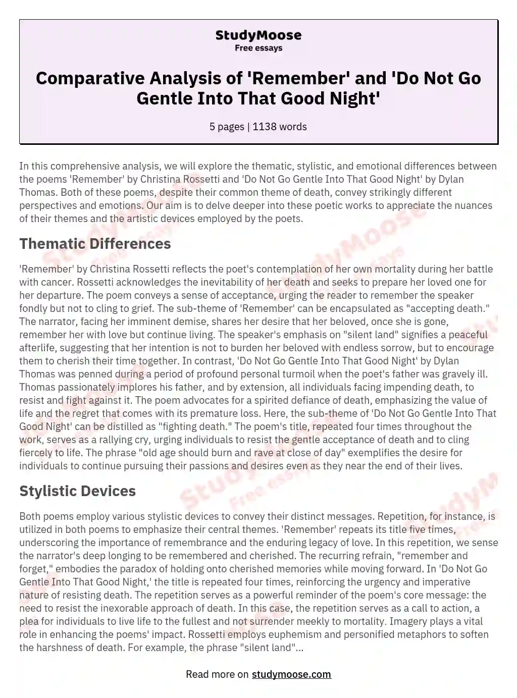 Comparative Analysis of 'Remember' and 'Do Not Go Gentle Into That Good Night' essay