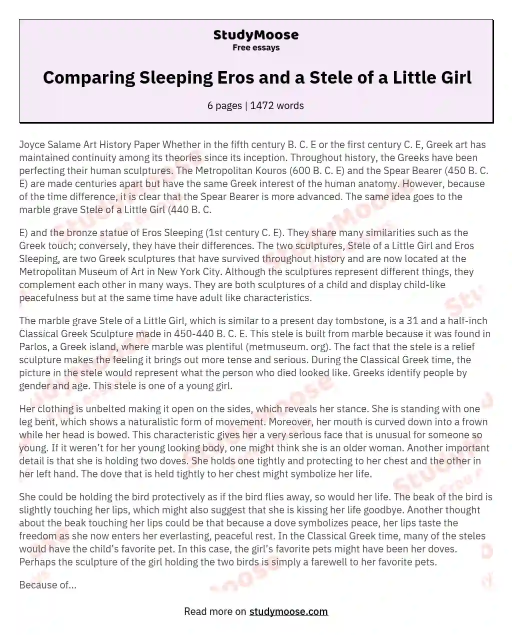 Comparing Sleeping Eros and a Stele of a Little Girl