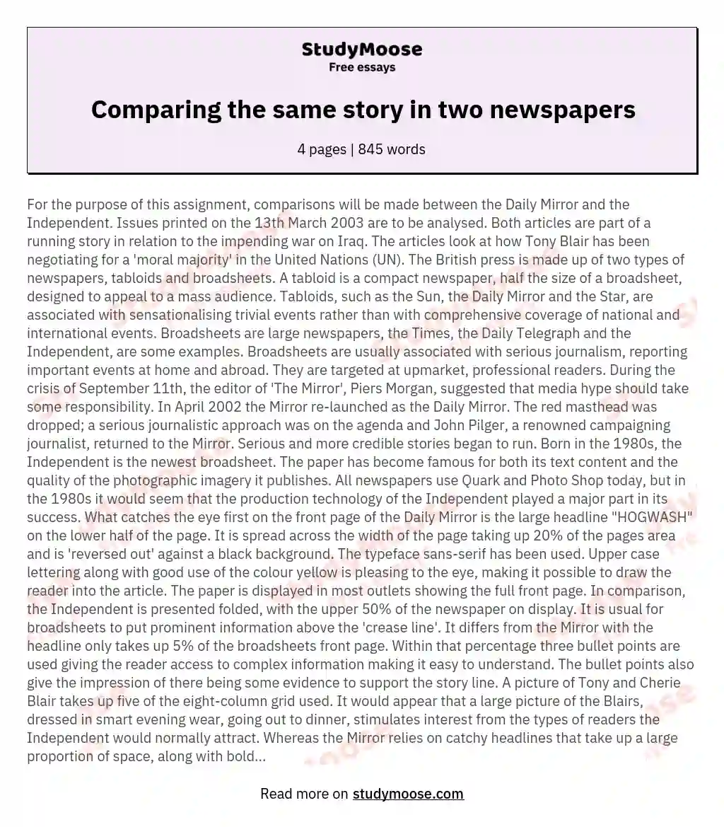 Comparing the same story in two newspapers essay