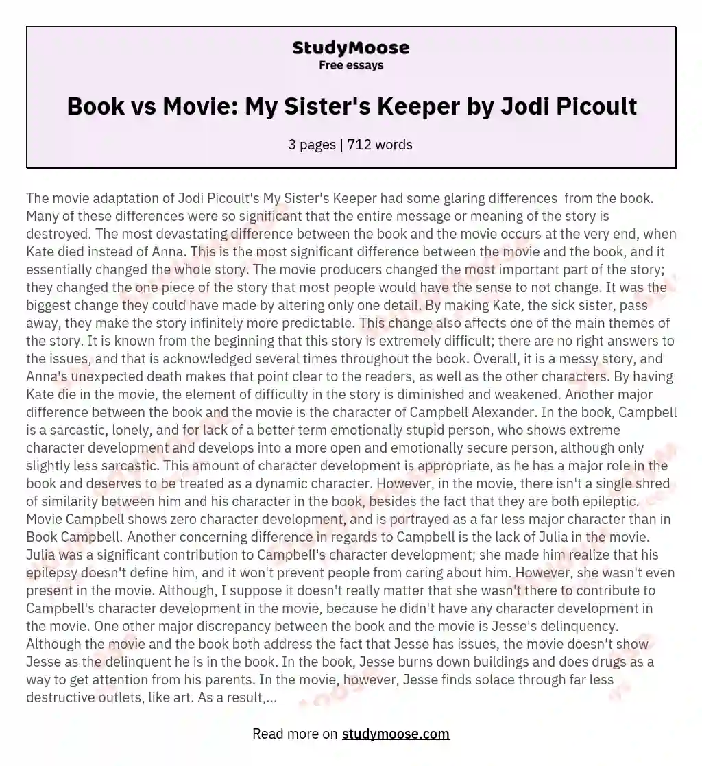 Book vs Movie: My Sister's Keeper by Jodi Picoult essay