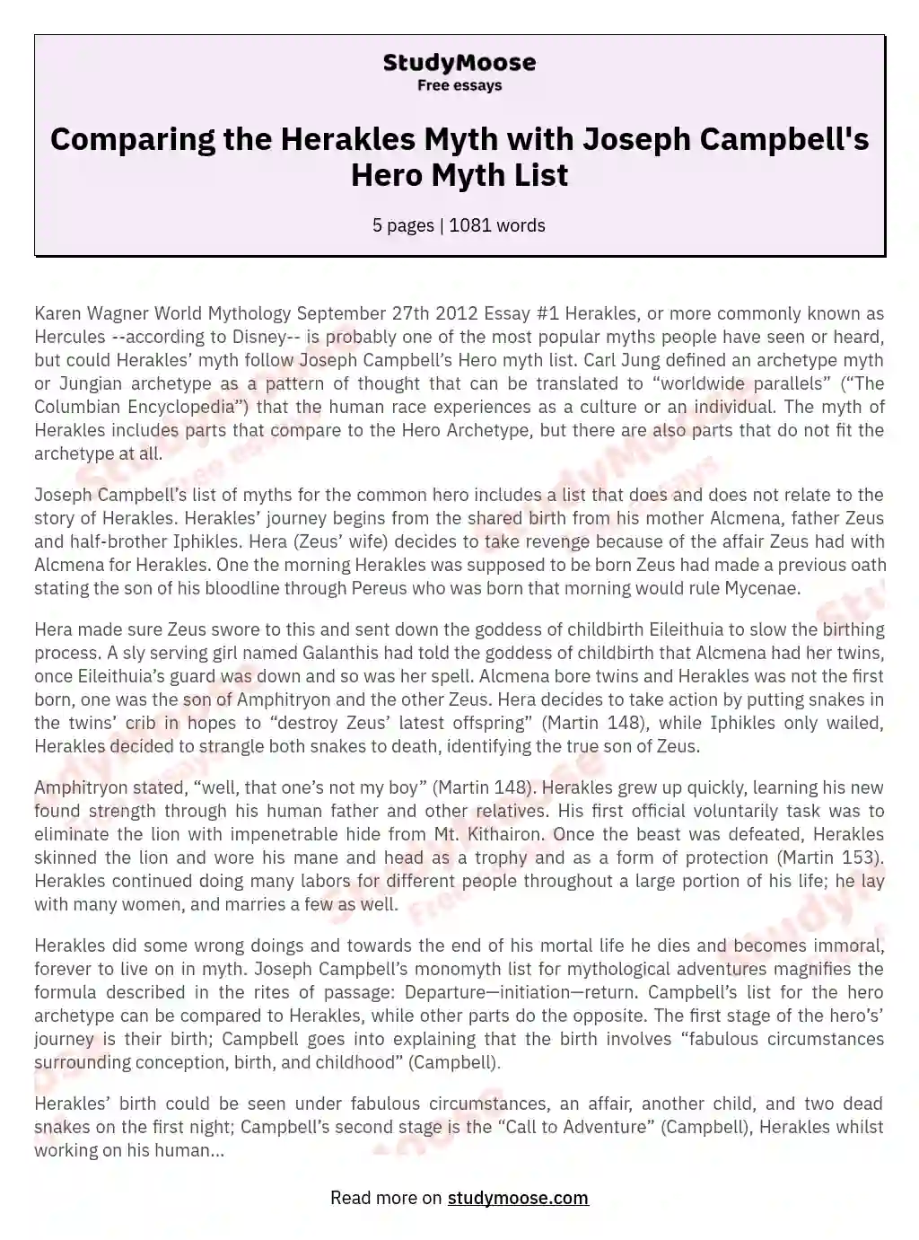 Comparing the Herakles Myth with Joseph Campbell's Hero Myth List