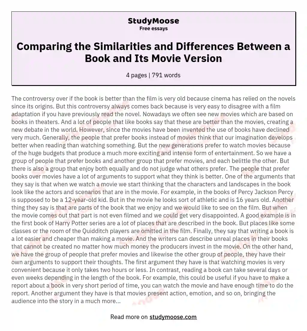 Comparing the Similarities and Differences Between a Book and Its Movie Version essay