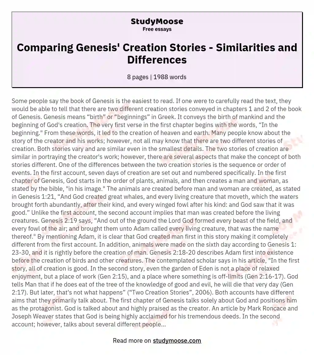 Comparing Genesis' Creation Stories - Similarities and Differences essay