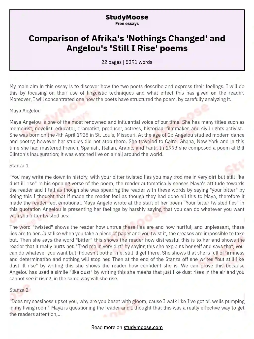 Comparison of Afrika's 'Nothings Changed' and Angelou's 'Still I Rise' poems essay
