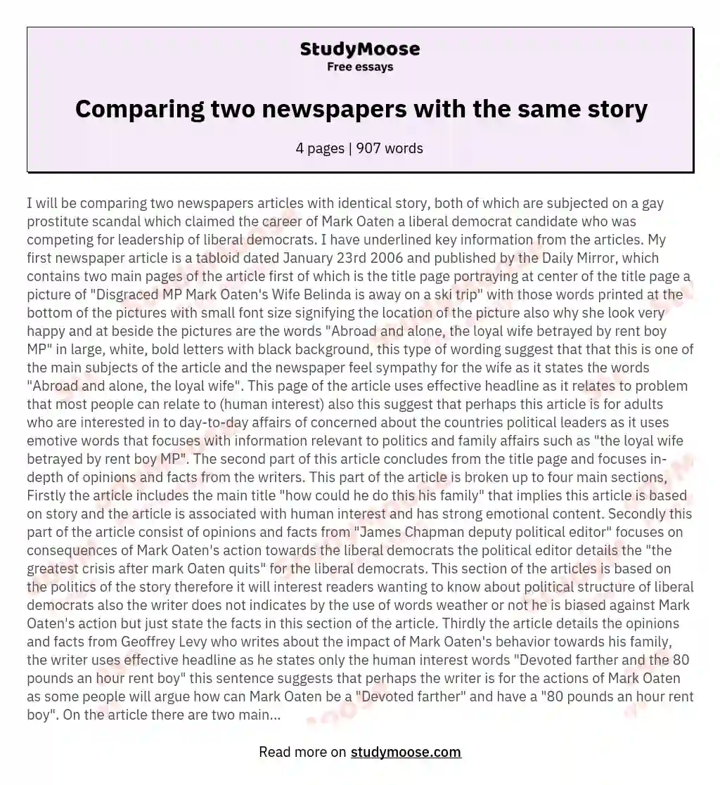 Comparing two newspapers with the same story essay