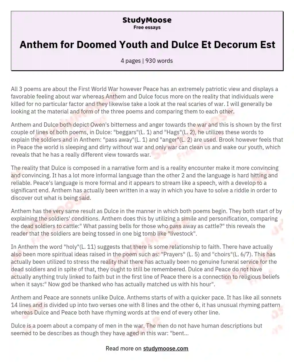 Anthem for Doomed Youth and Dulce Et Decorum Est essay