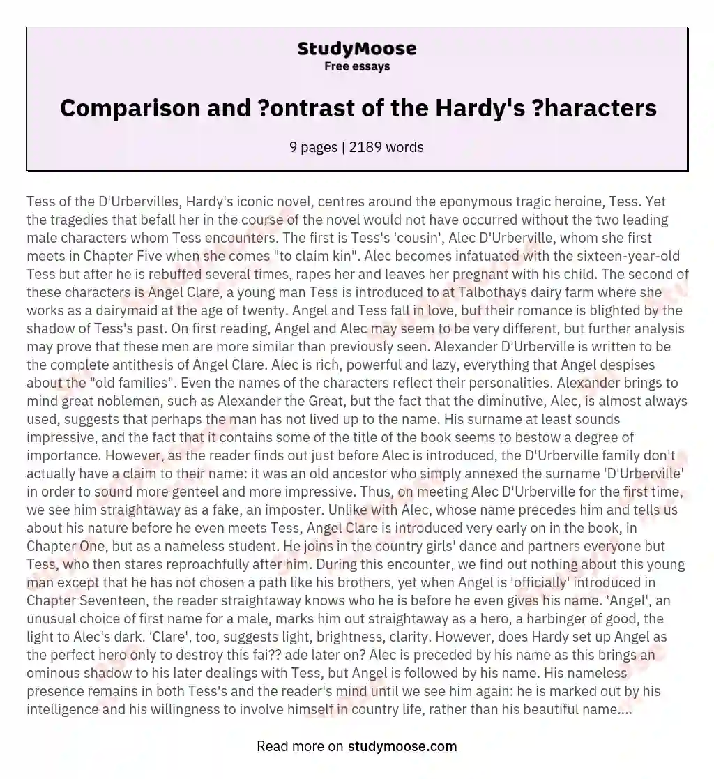 Comparison and ?ontrast of the Hardy's ?haracters essay