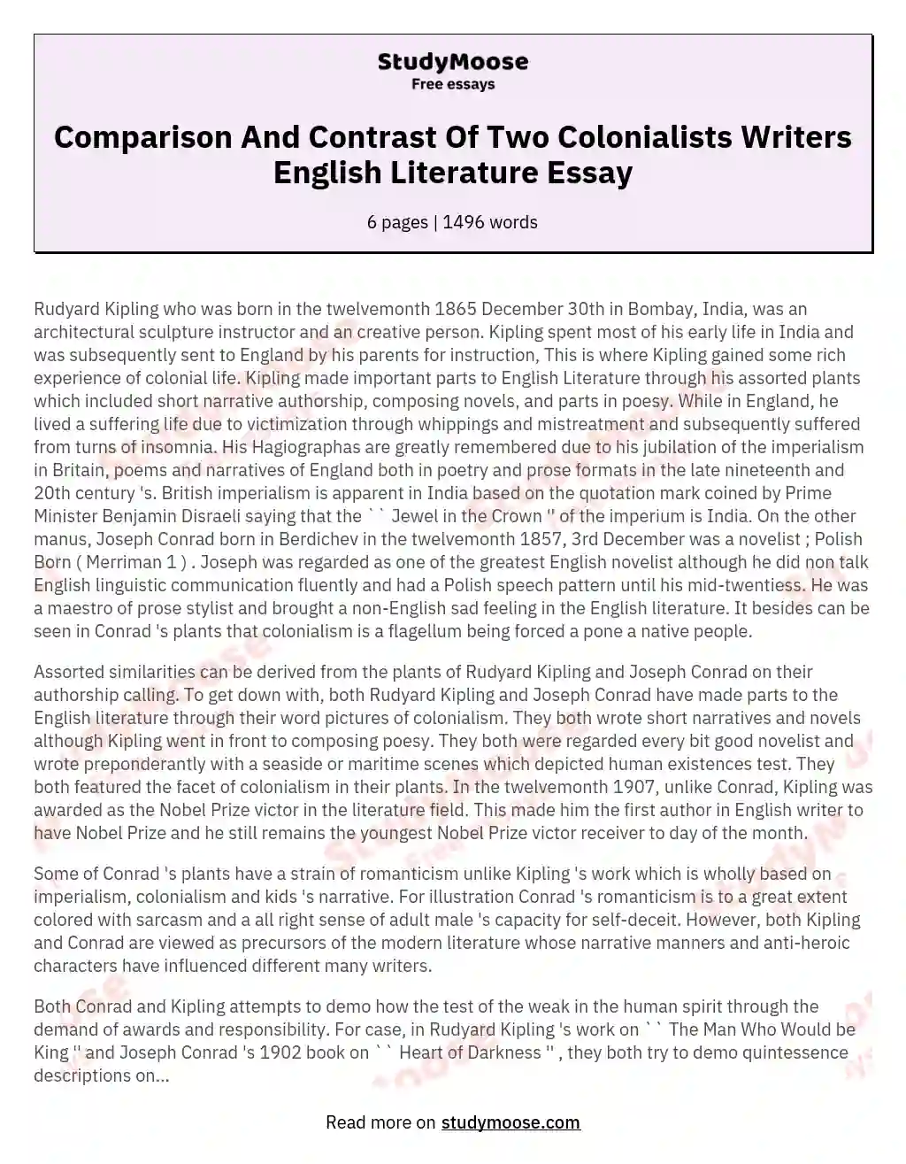 Comparison And Contrast Of Two Colonialists Writers English Literature Essay essay