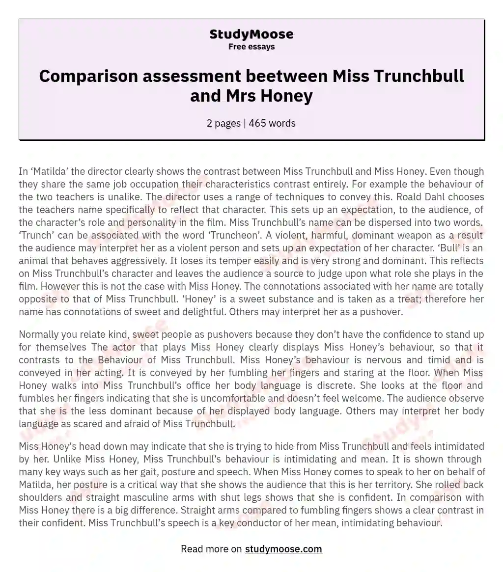 Comparison assessment beetween Miss Trunchbull and Mrs Honey essay