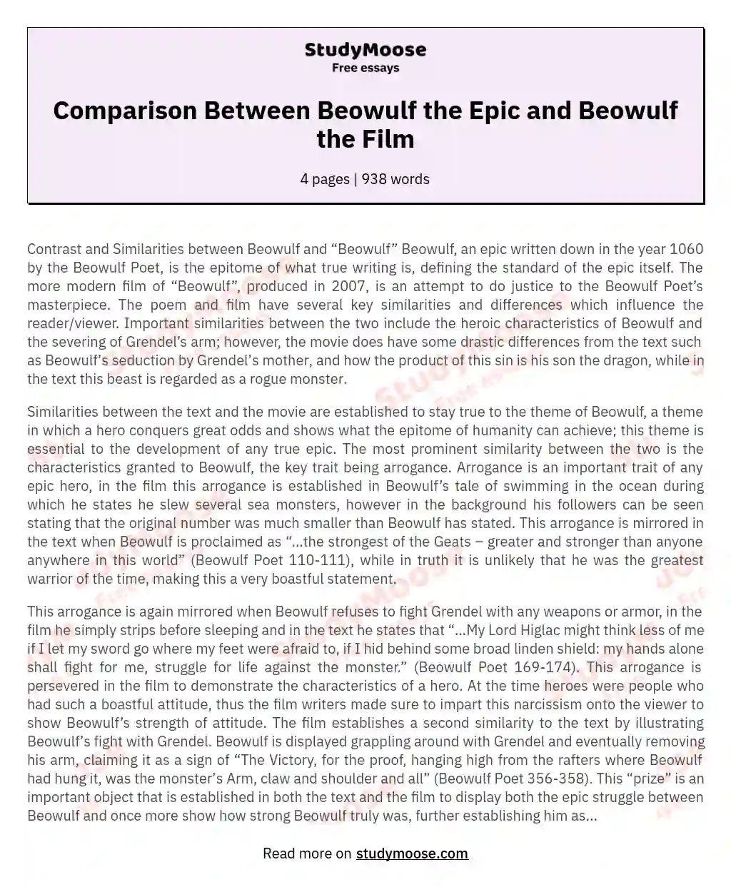 Comparison Between Beowulf the Epic and Beowulf the Film essay