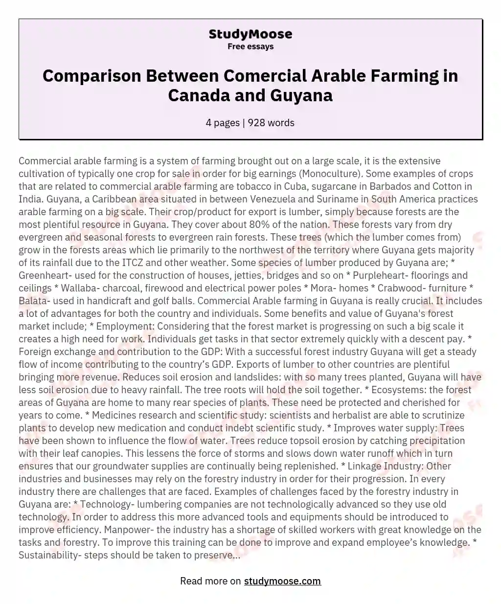 Comparison Between Comercial Arable Farming in Canada and Guyana