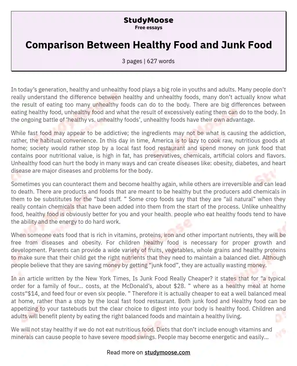 Comparison Between Healthy Food and Junk Food essay