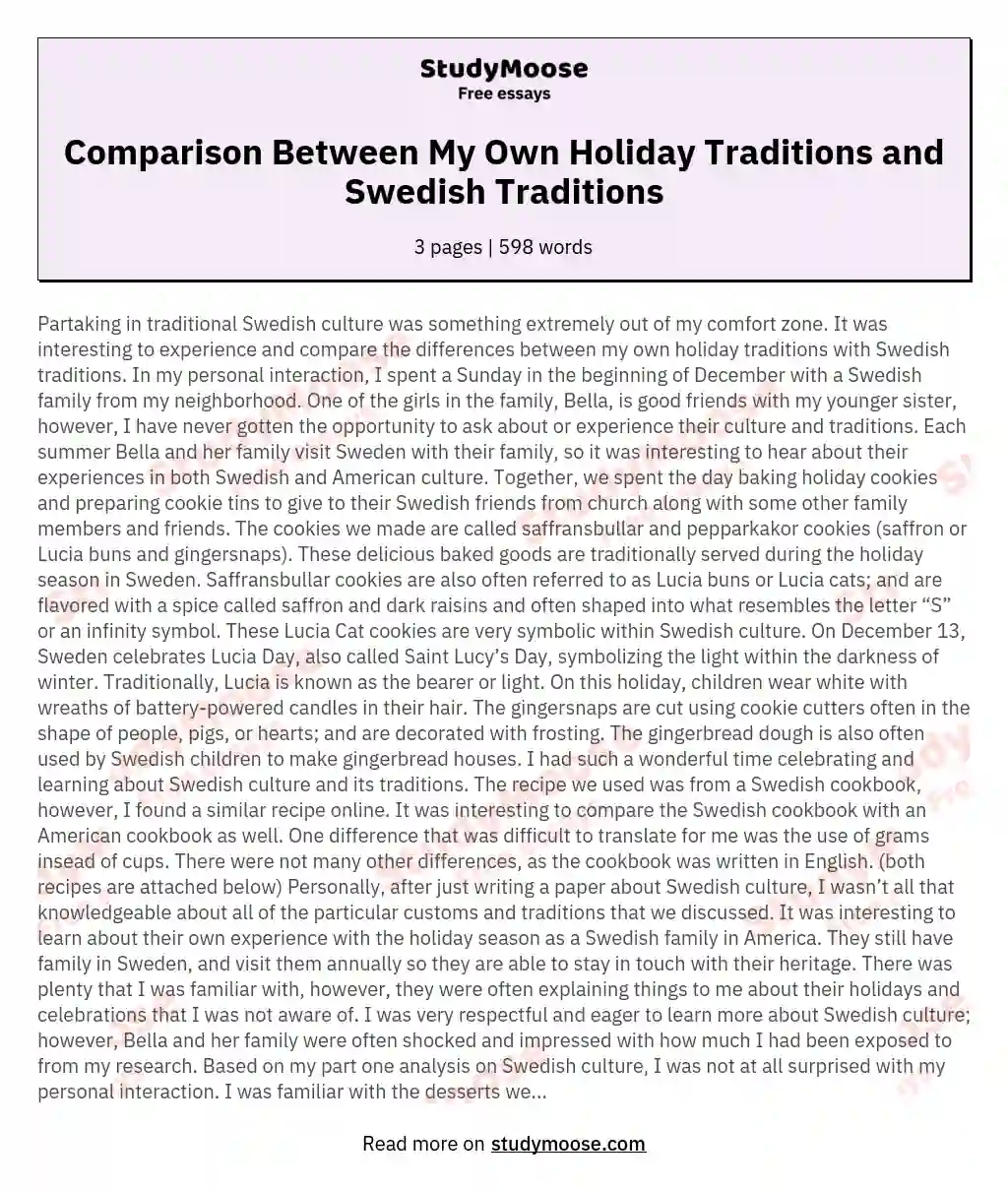 Comparison Between My Own Holiday Traditions and Swedish Traditions essay