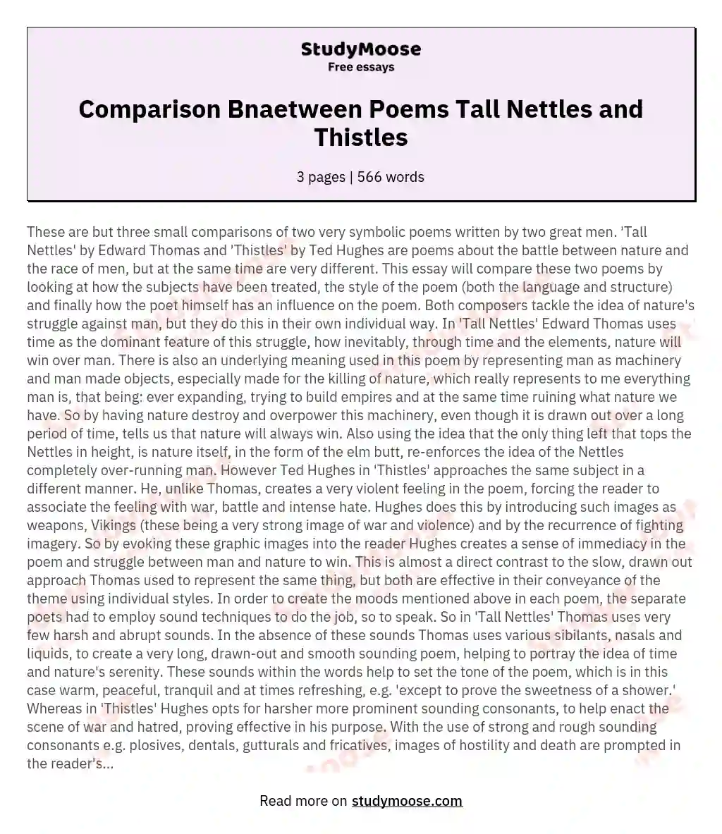 Comparison Bnaetween Poems Tall Nettles and Thistles essay