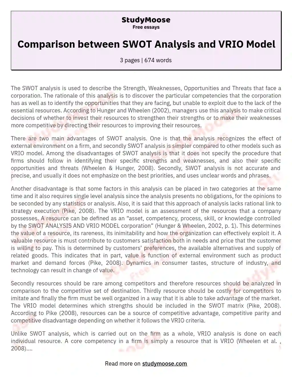 Comparison between SWOT Analysis and VRIO Model essay