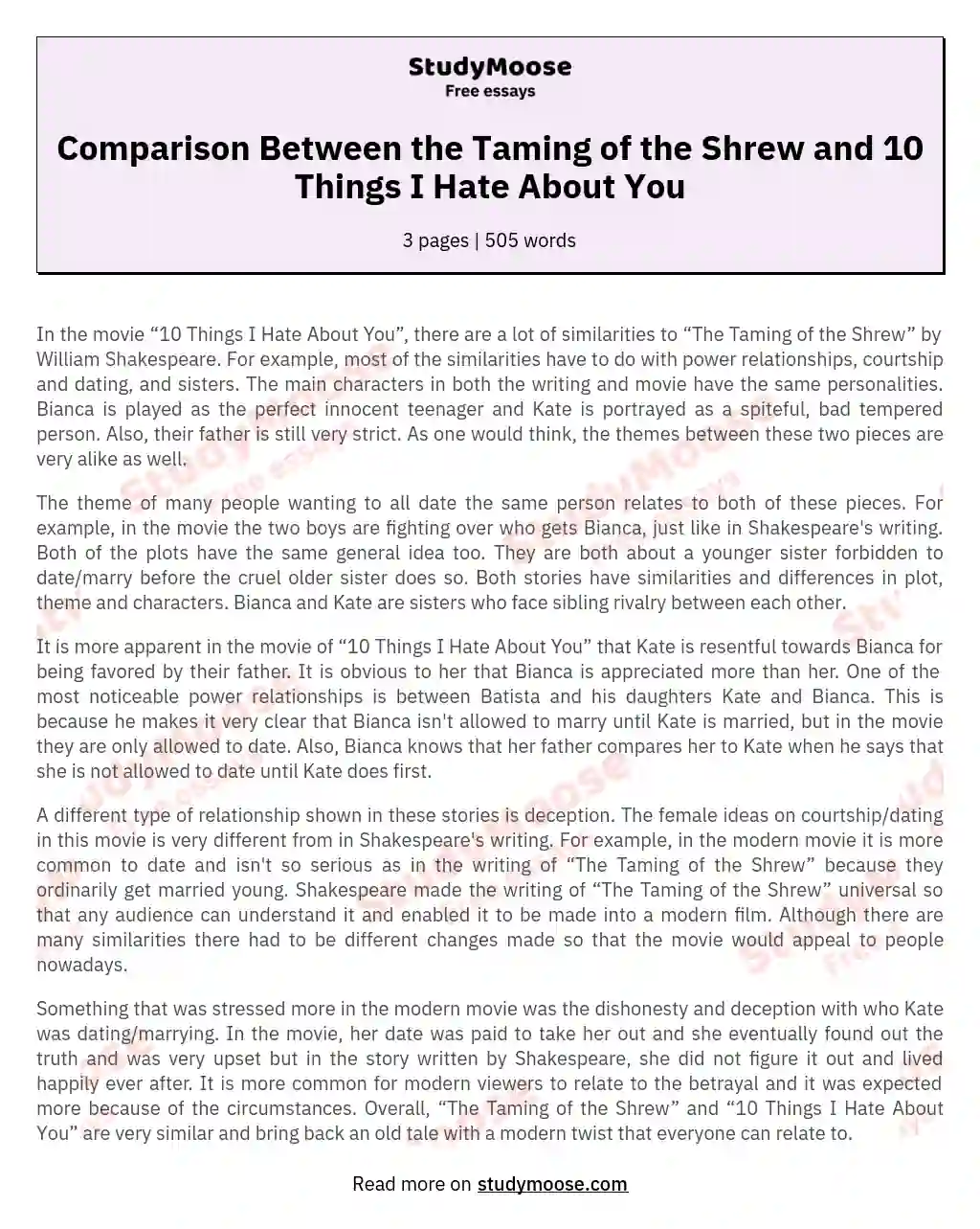 Comparison Between the Taming of the Shrew and 10 Things I Hate About You essay