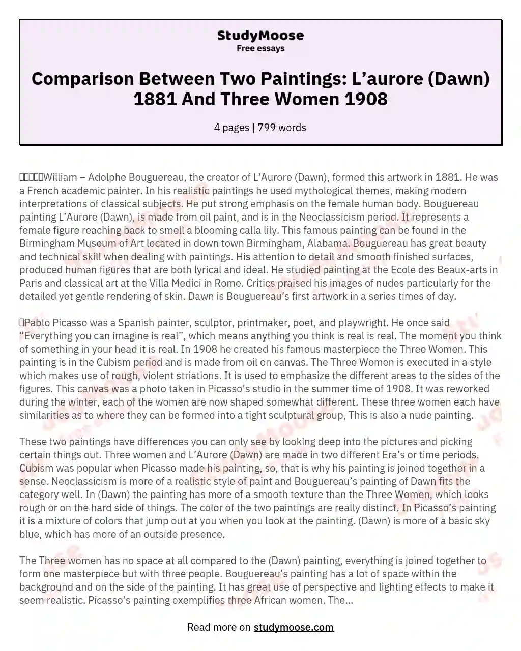 Comparison Between Two Paintings: L’aurore (Dawn) 1881 And Three Women 1908 essay