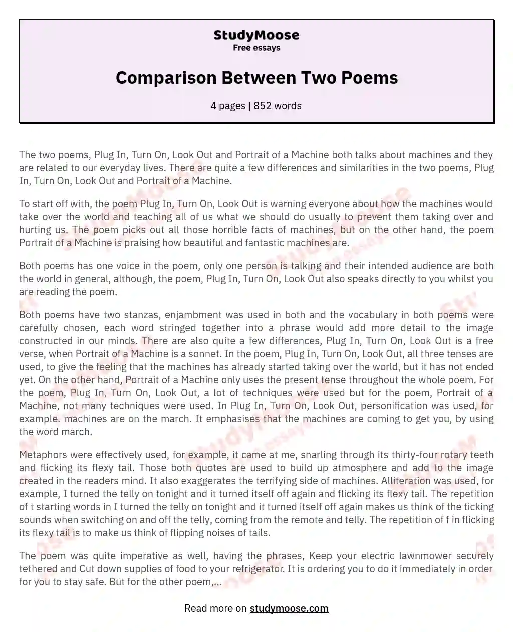 Comparison Between Two Poems essay