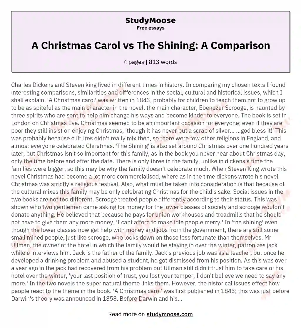 The comparison of Charles Dickens 'A Christmas carol' and Steven king's 'The Shining'