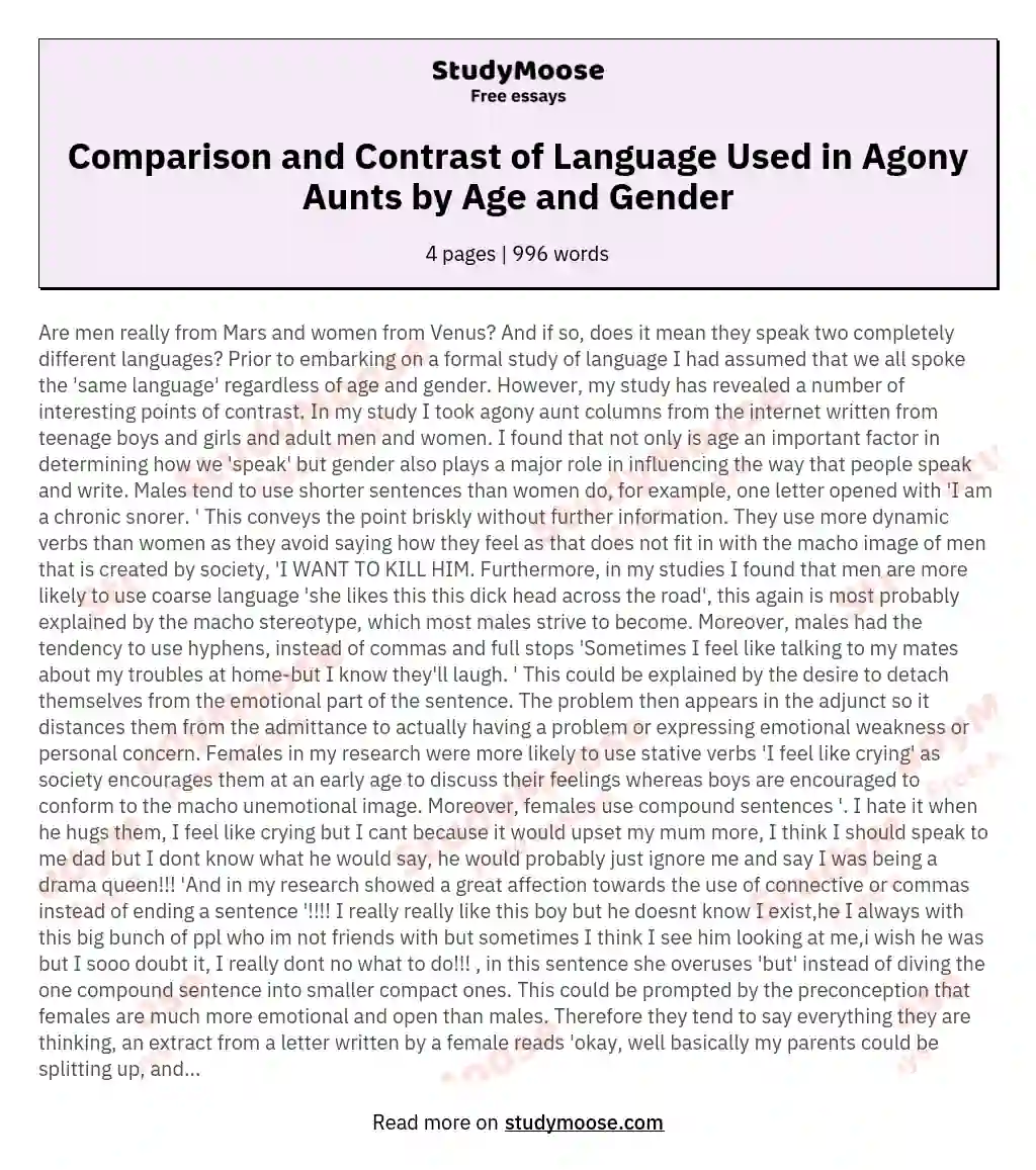 Comparison and Contrast of Language Used in Agony Aunts by Age and Gender essay