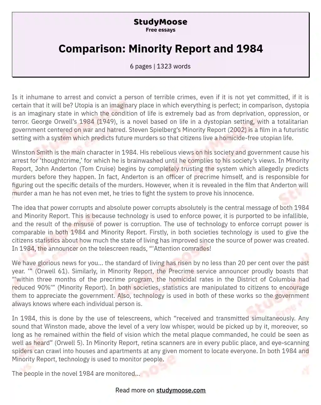 Comparison: Minority Report and 1984 essay