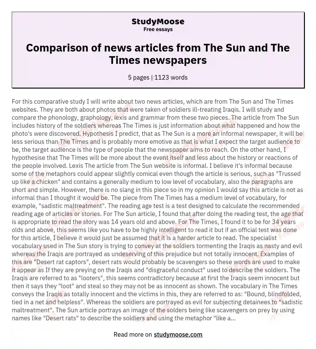 Comparison of news articles from The Sun and The Times newspapers essay