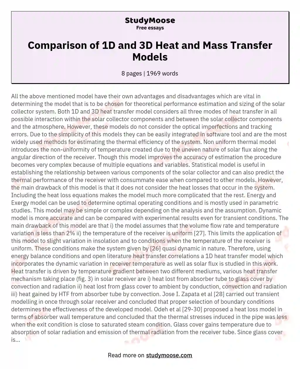 Comparison of 1D and 3D Heat and Mass Transfer Models essay
