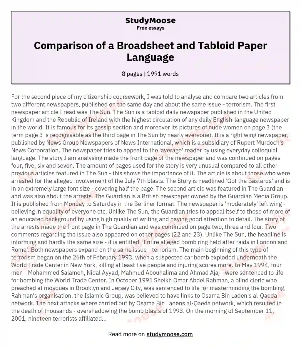 Comparison of a Broadsheet and Tabloid Paper Language
