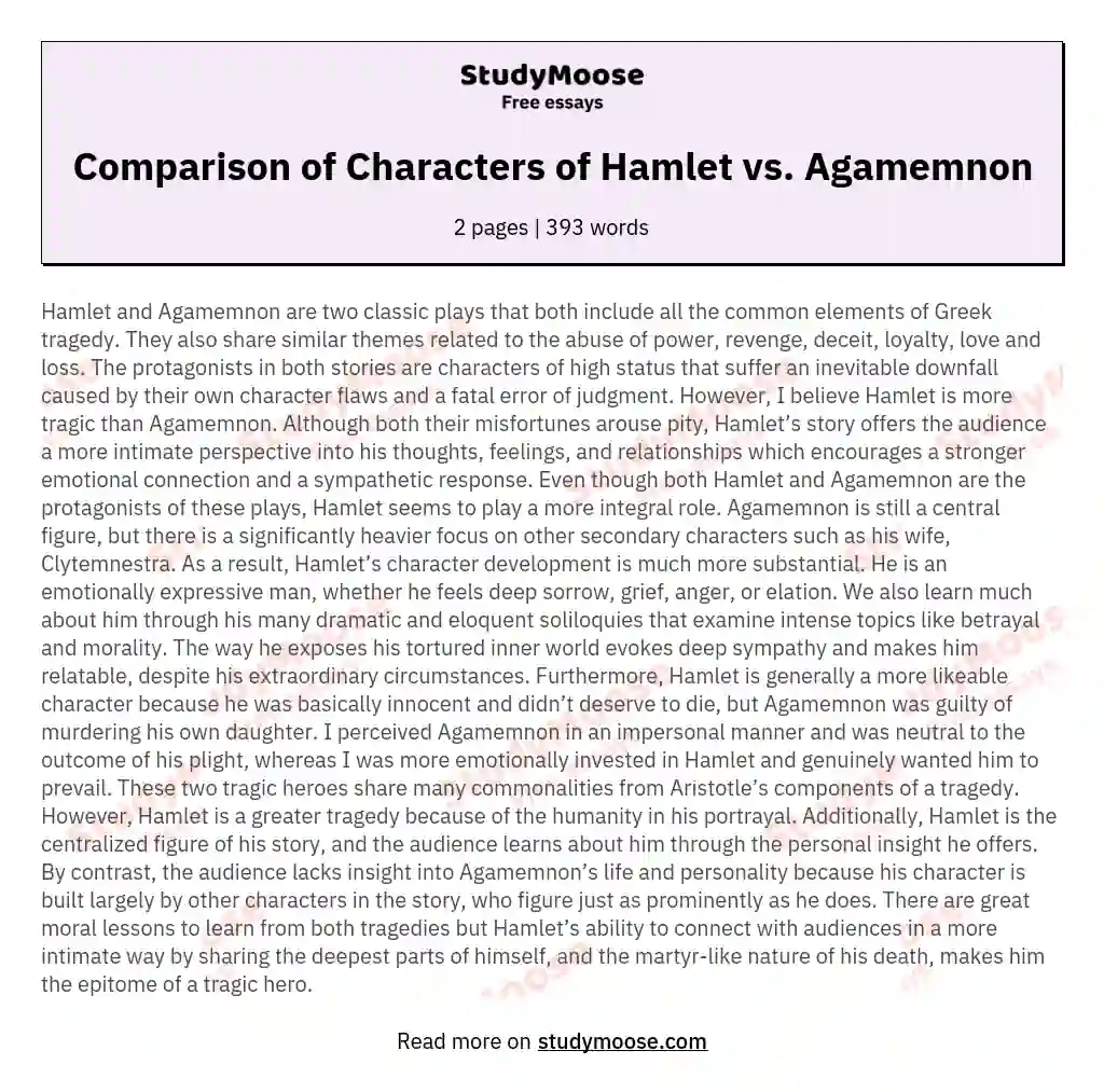 Comparison of Characters of Hamlet vs. Agamemnon essay