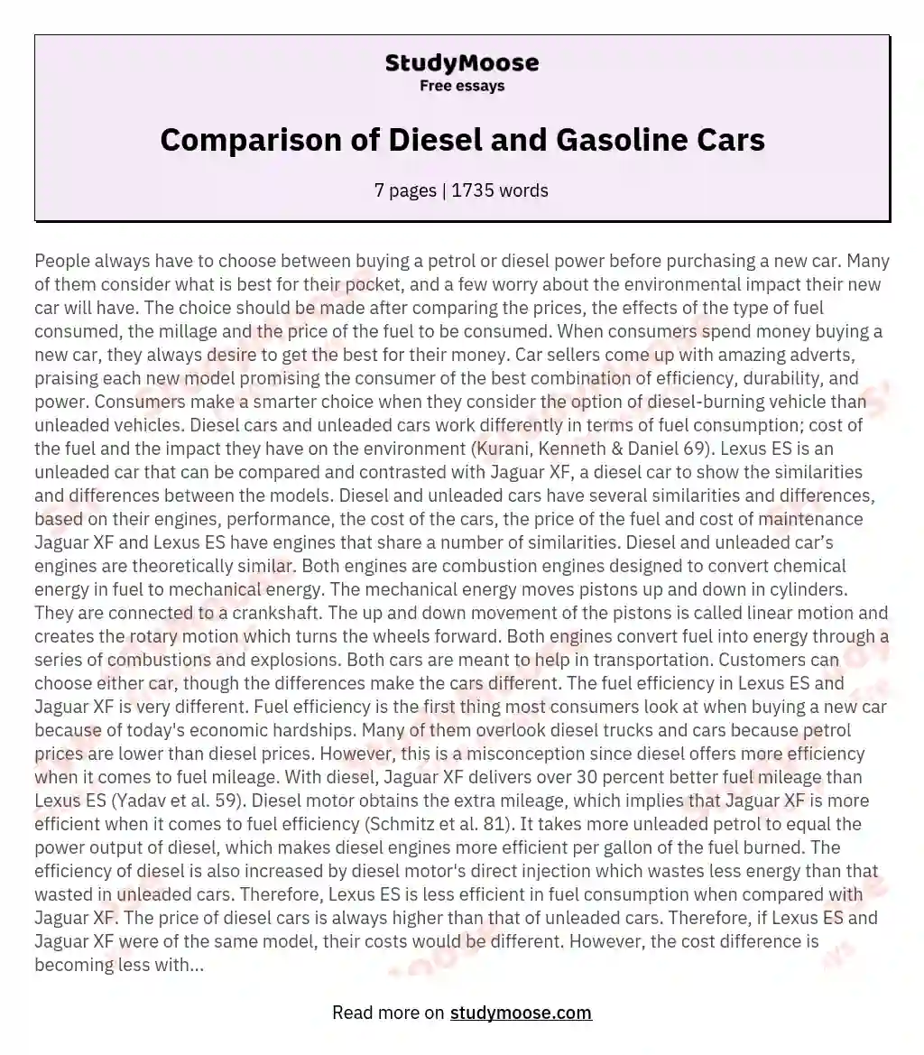 Comparison of Diesel and Gasoline Cars essay