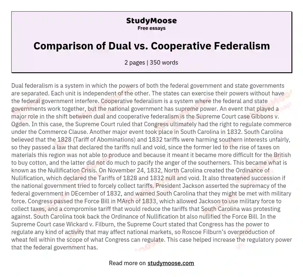 Comparison of Dual vs. Cooperative Federalism essay