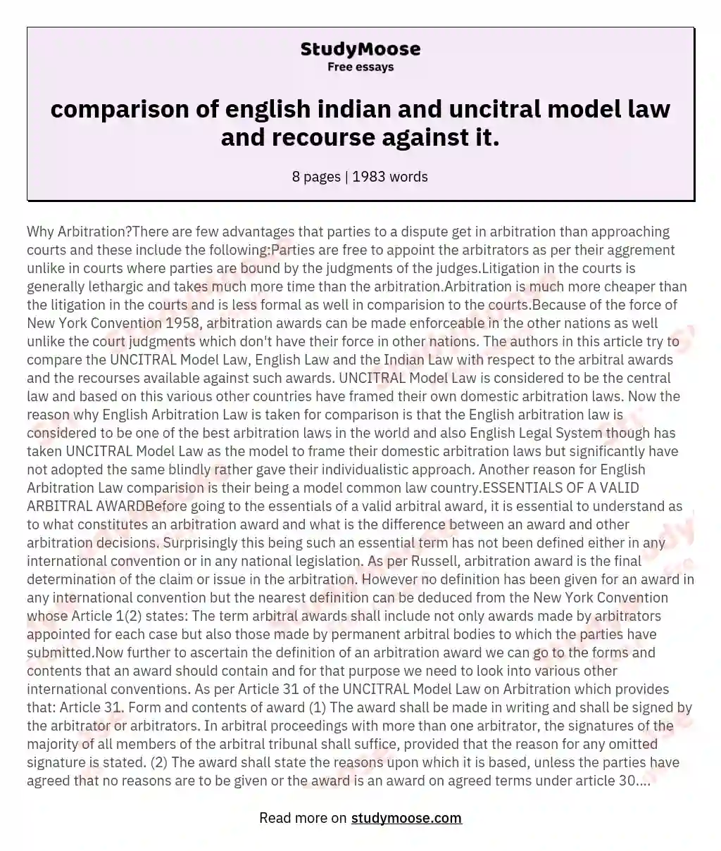 comparison of english indian and uncitral model law and recourse against it. essay