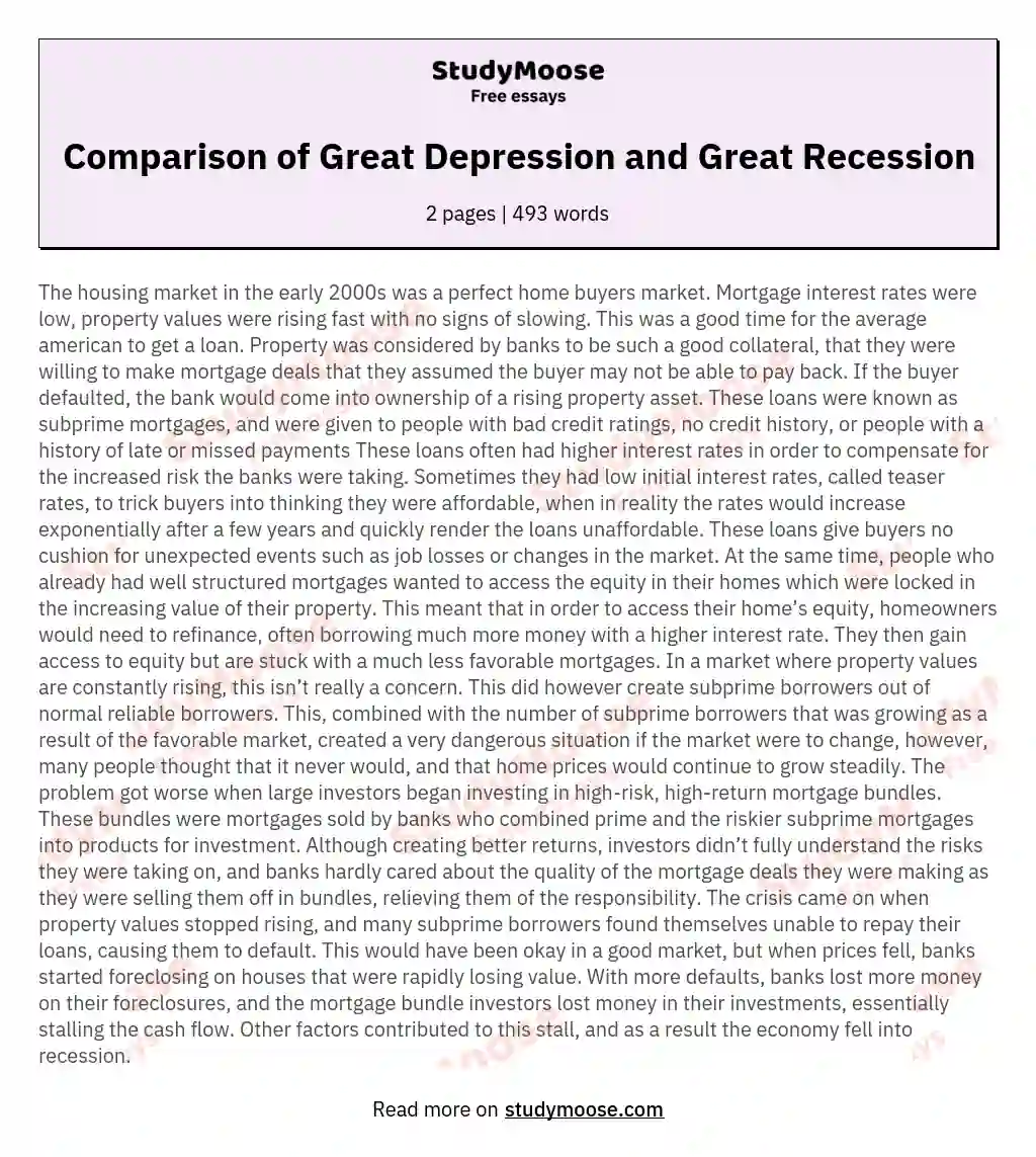 Comparison of Great Depression and Great Recession essay