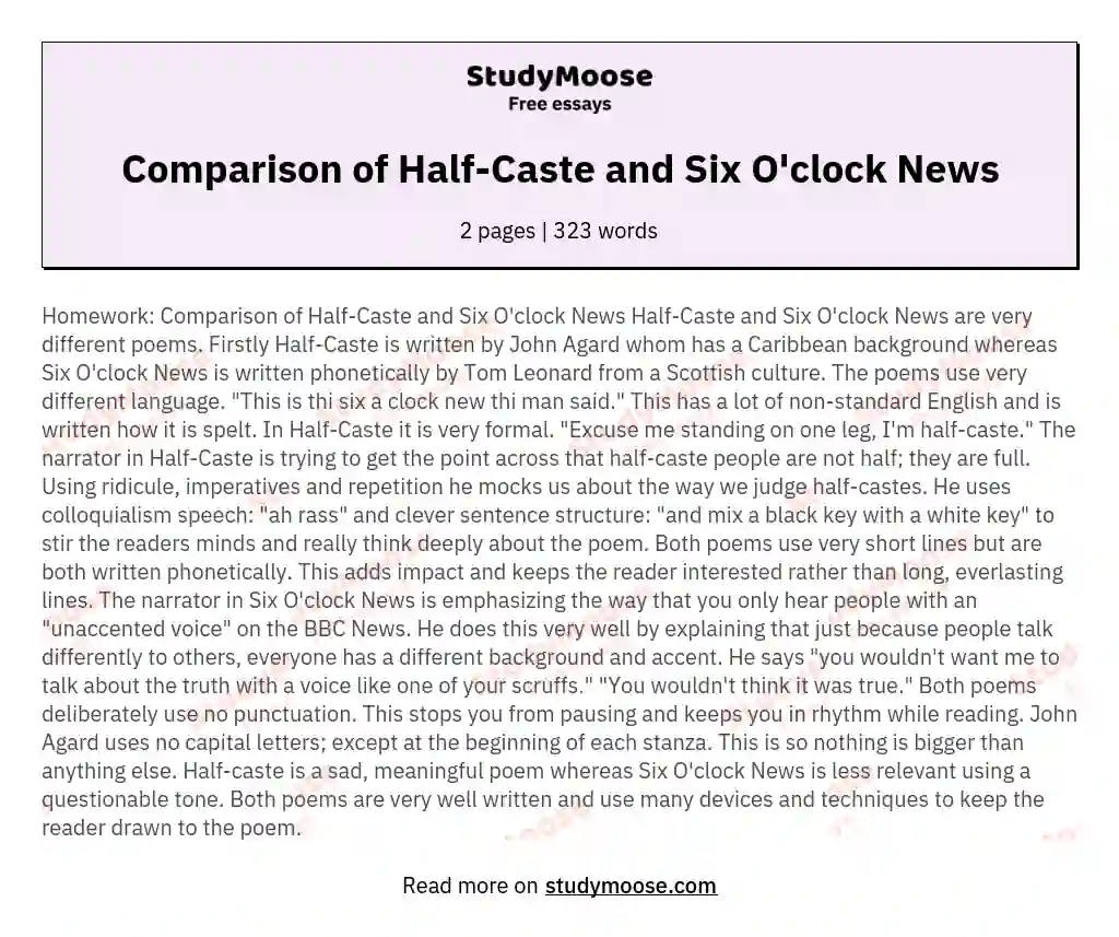 Comparison of Half-Caste and Six O'clock News essay