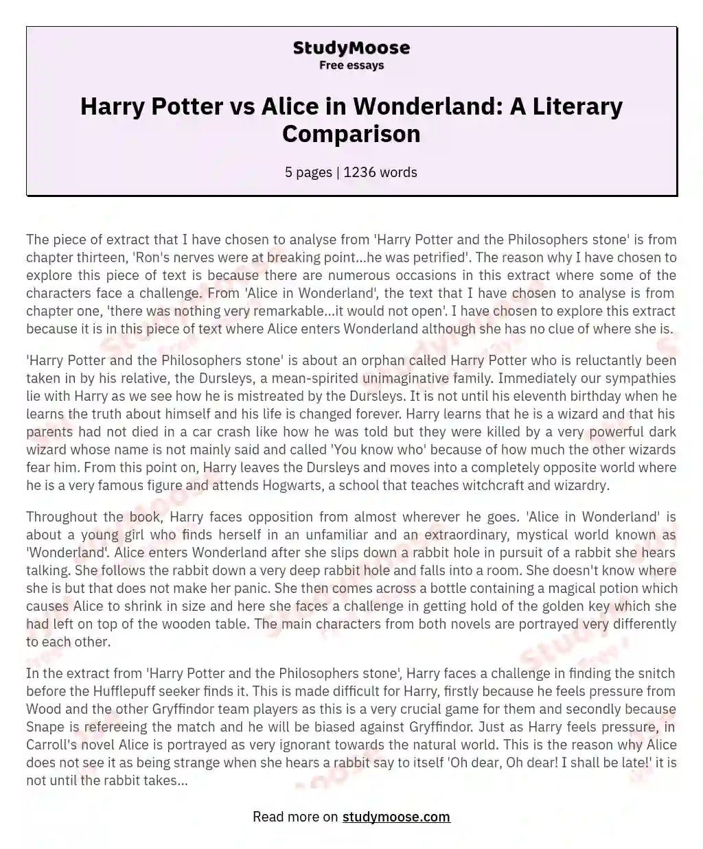 Comparison of 'Harry Potter and the philosopher's stone' and 'Alice in Wonderland'