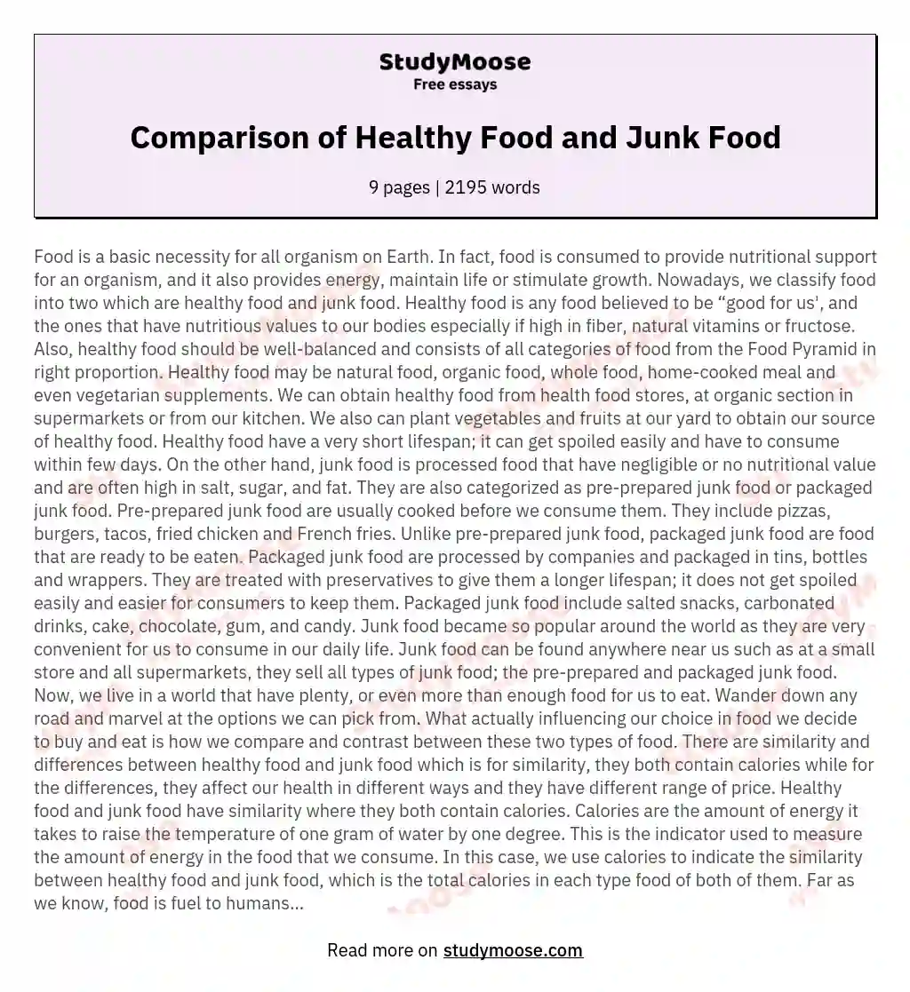 Comparison of Healthy Food and Junk Food
