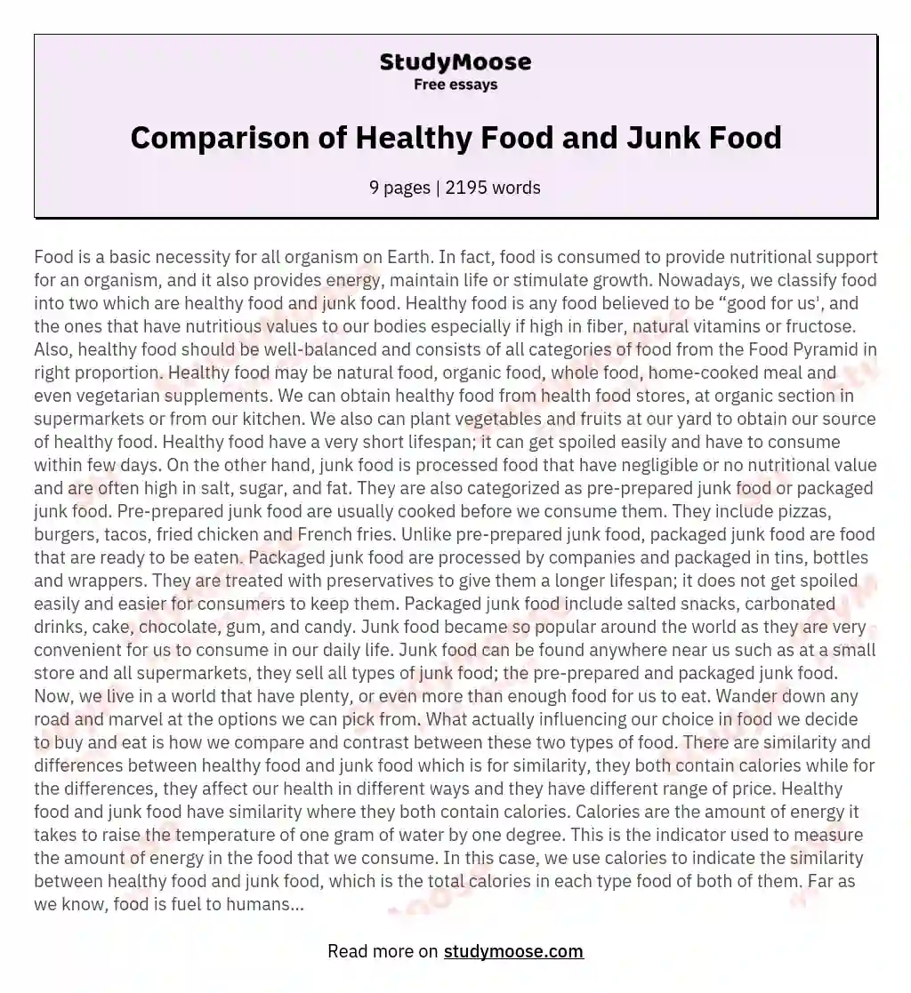 Comparison Of Healthy Food And Junk Food Free Comparison Essay 