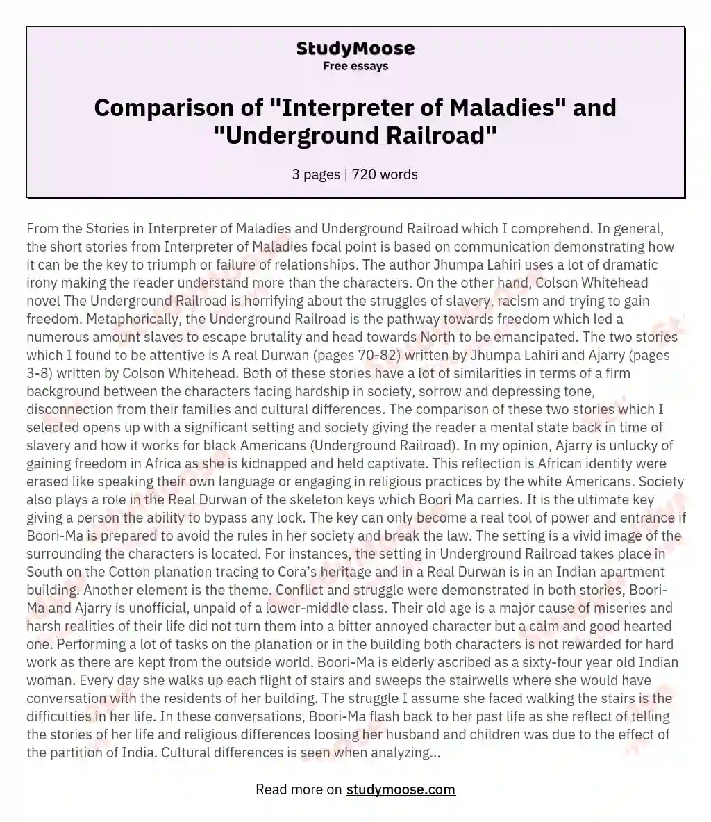 Comparison of "Interpreter of Maladies" and "Underground Railroad"