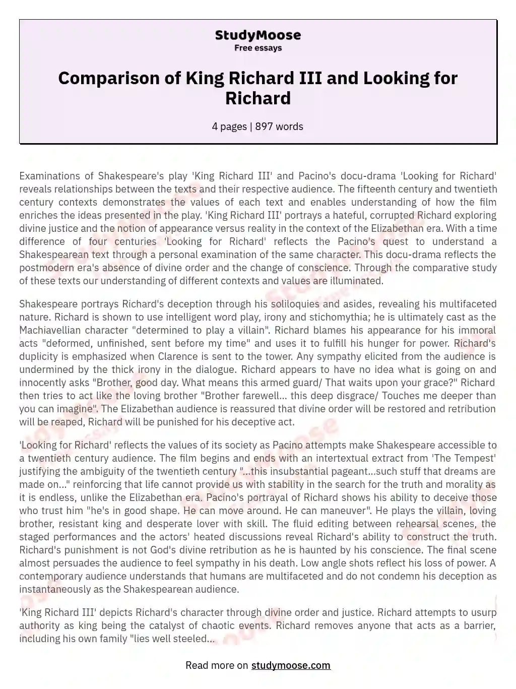 Comparison of King Richard III and Looking for Richard essay