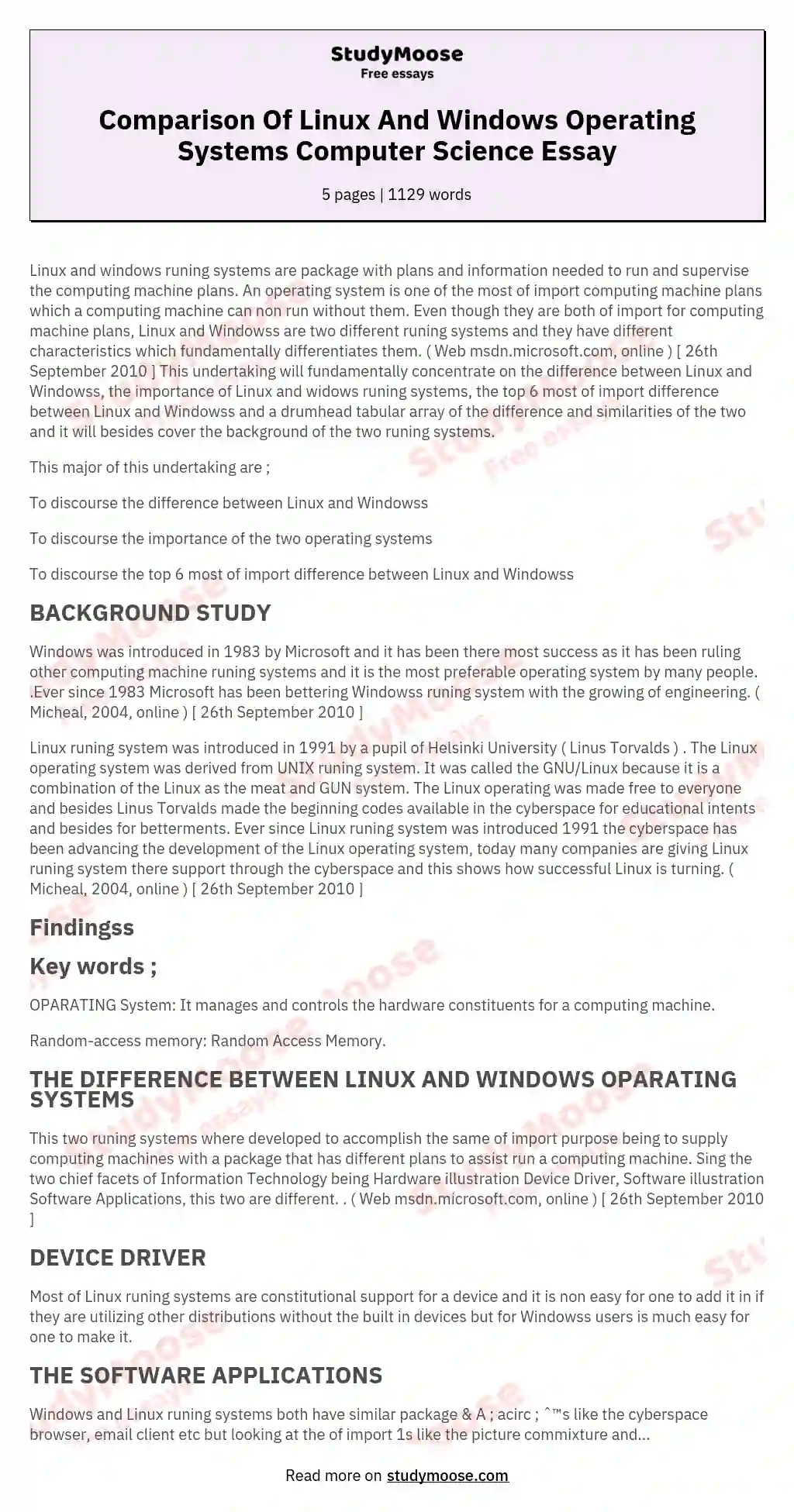 Comparison Of Linux And Windows Operating Systems Computer Science Essay essay