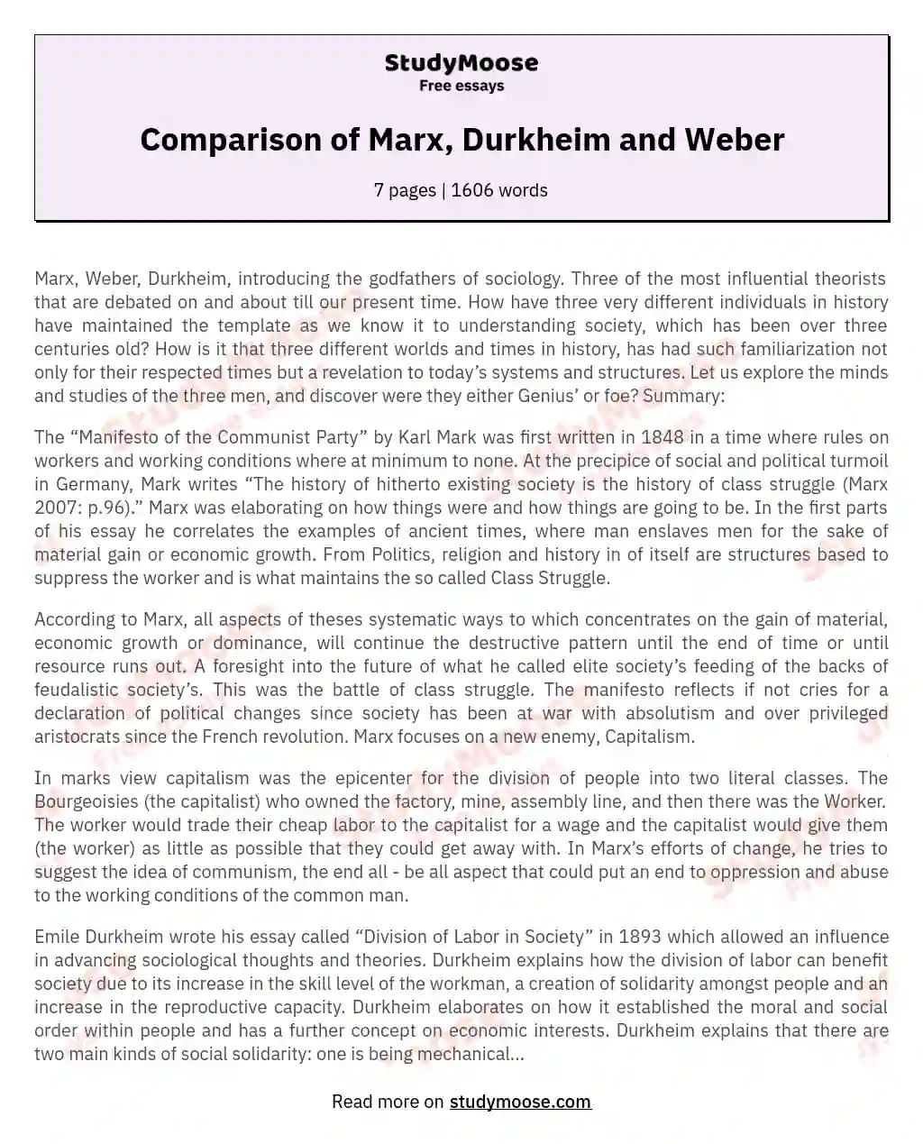 Comparison of Marx, Durkheim and Weber essay