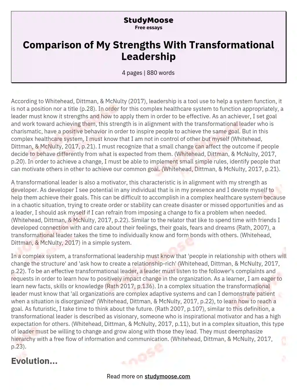 Comparison of My Strengths With Transformational Leadership essay