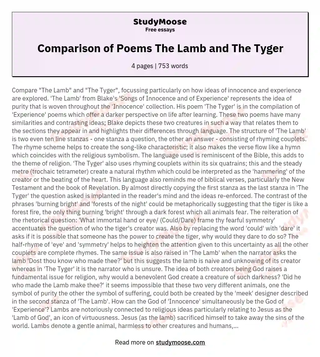 Comparison of Poems The Lamb and The Tyger essay