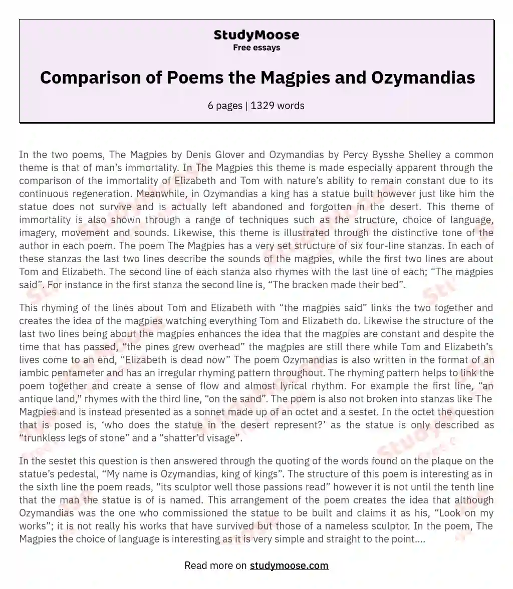 Themes of Immortality in The Magpies and Ozymandias essay