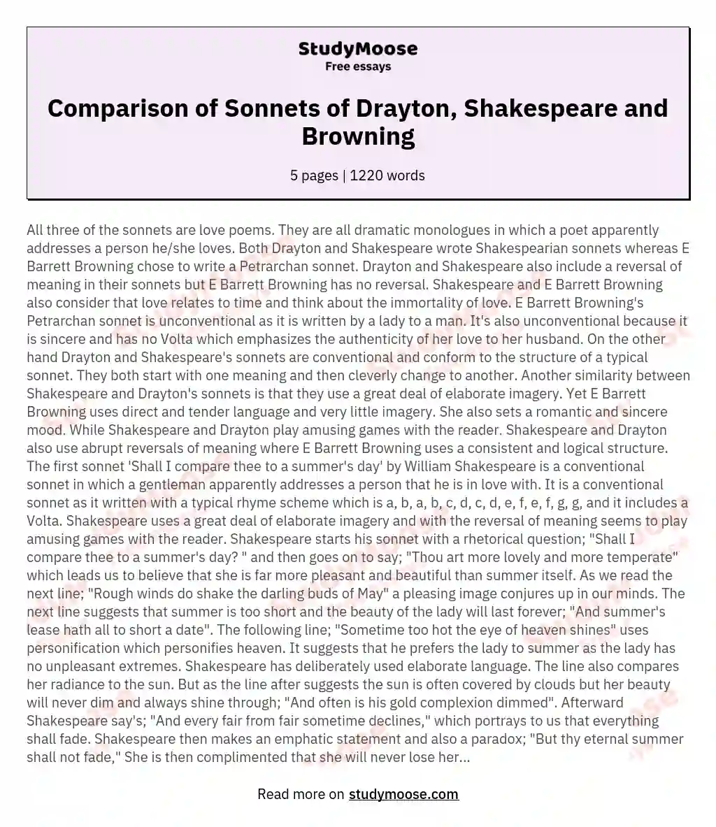 Comparison of Sonnets of Drayton, Shakespeare and Browning essay