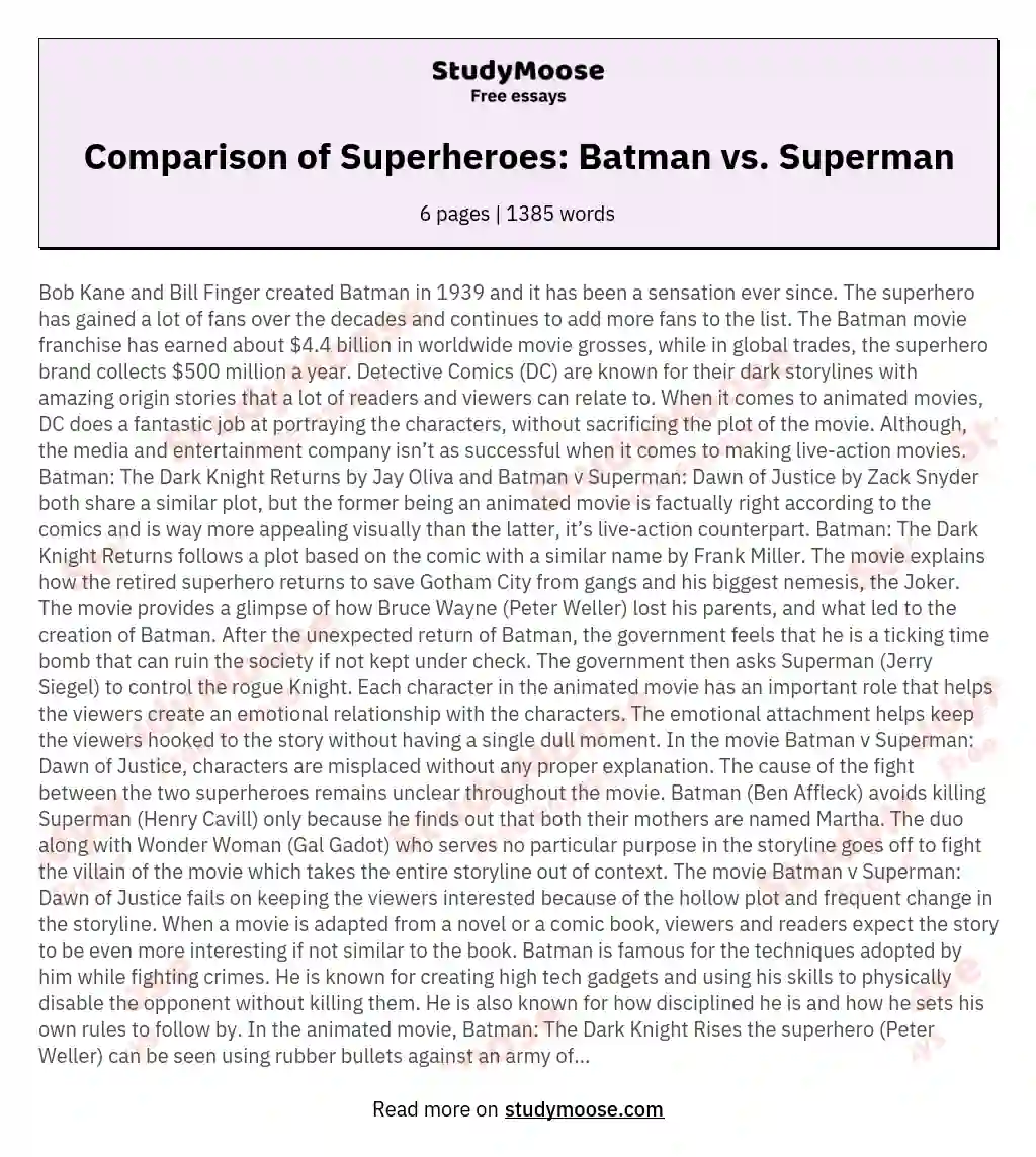 Comparison of Superheroes: Batman vs. Superman essay